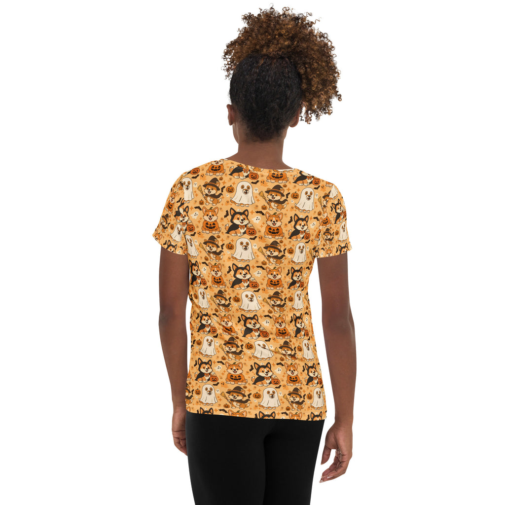 Women’s Corgi Halloween Athletic T-Shirt - Lightweight Moisture Wicking Workout Top with UPF 50+