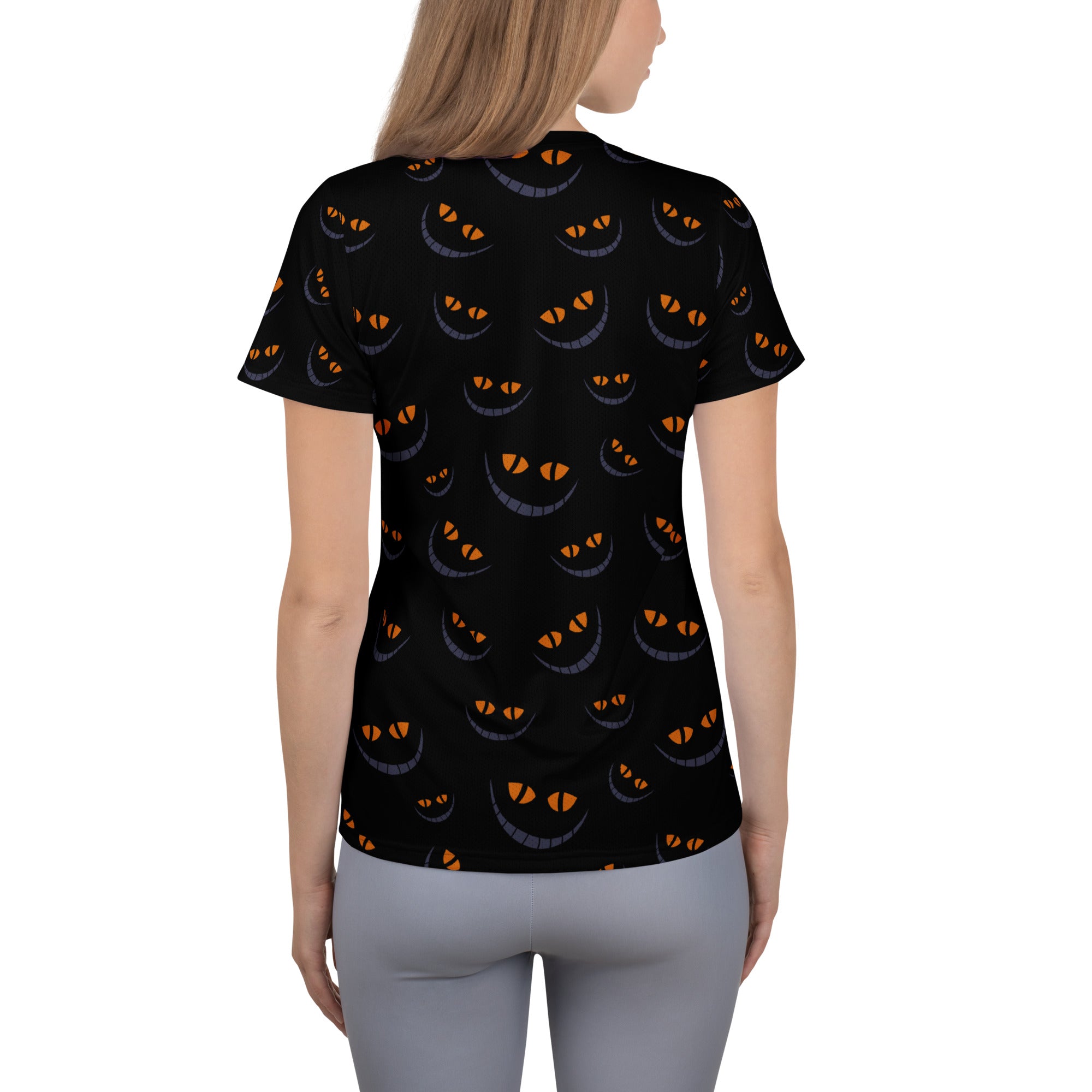 Women’s Creepy Cat Eyes Halloween Athletic T-Shirt - Lightweight Moisture Wicking Workout Top with UPF 50+