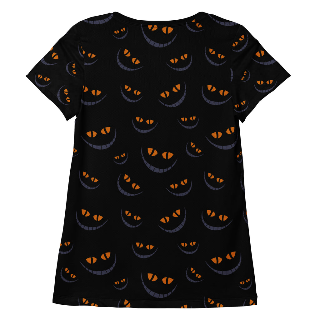 Women’s Creepy Cat Eyes Halloween Athletic T-Shirt - Lightweight Moisture Wicking Workout Top with UPF 50+