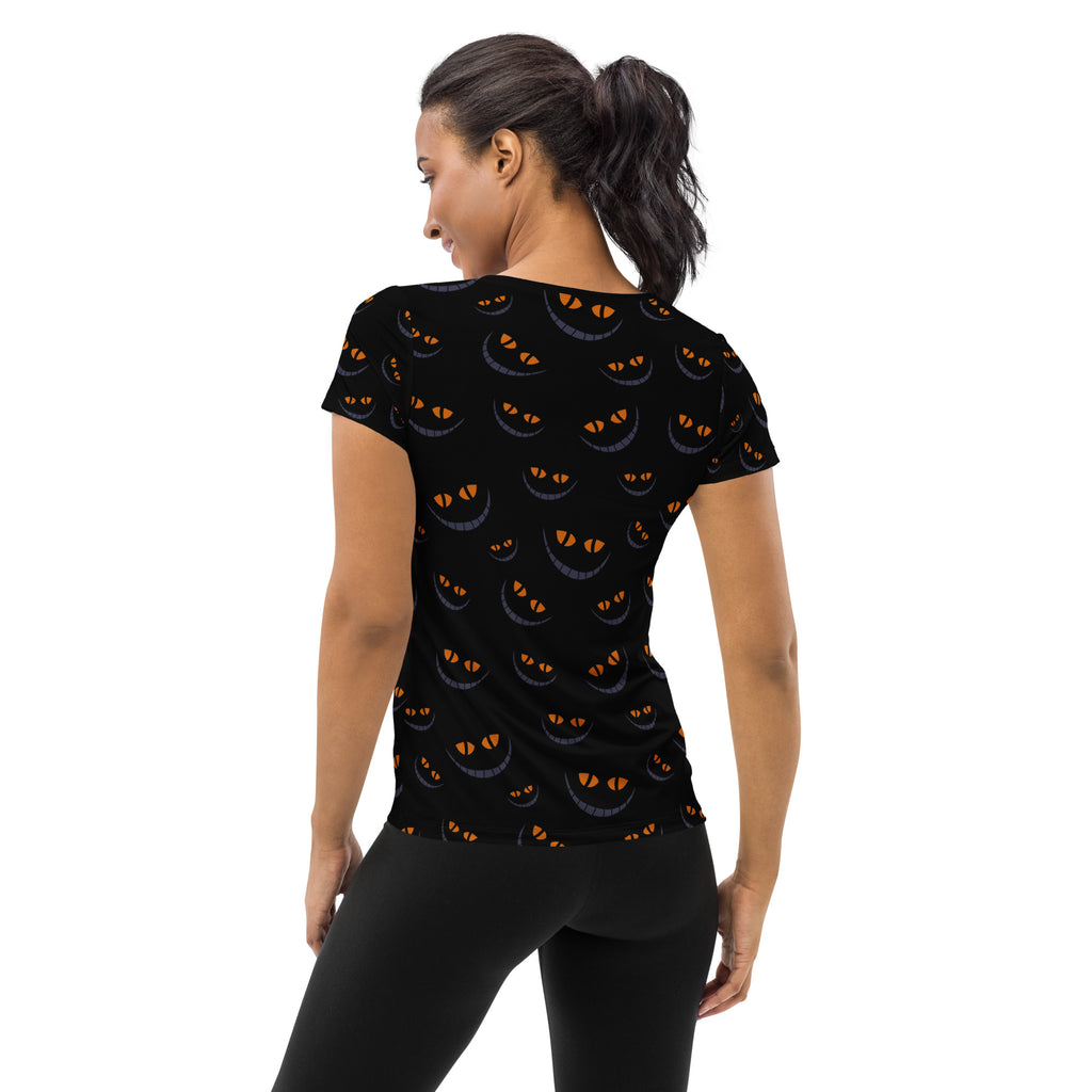 Women’s Creepy Cat Eyes Halloween Athletic T-Shirt - Lightweight Moisture Wicking Workout Top with UPF 50+