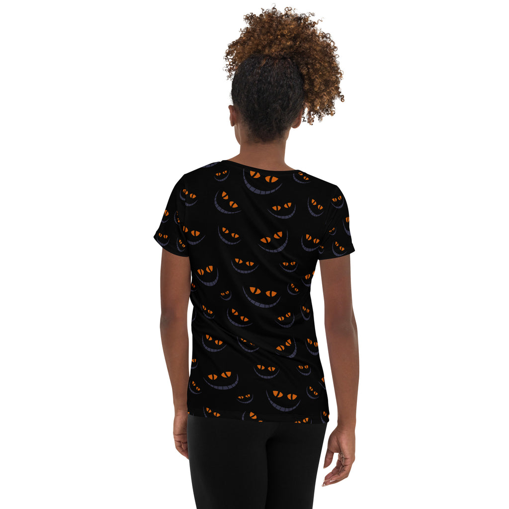 Women’s Creepy Cat Eyes Halloween Athletic T-Shirt - Lightweight Moisture Wicking Workout Top with UPF 50+