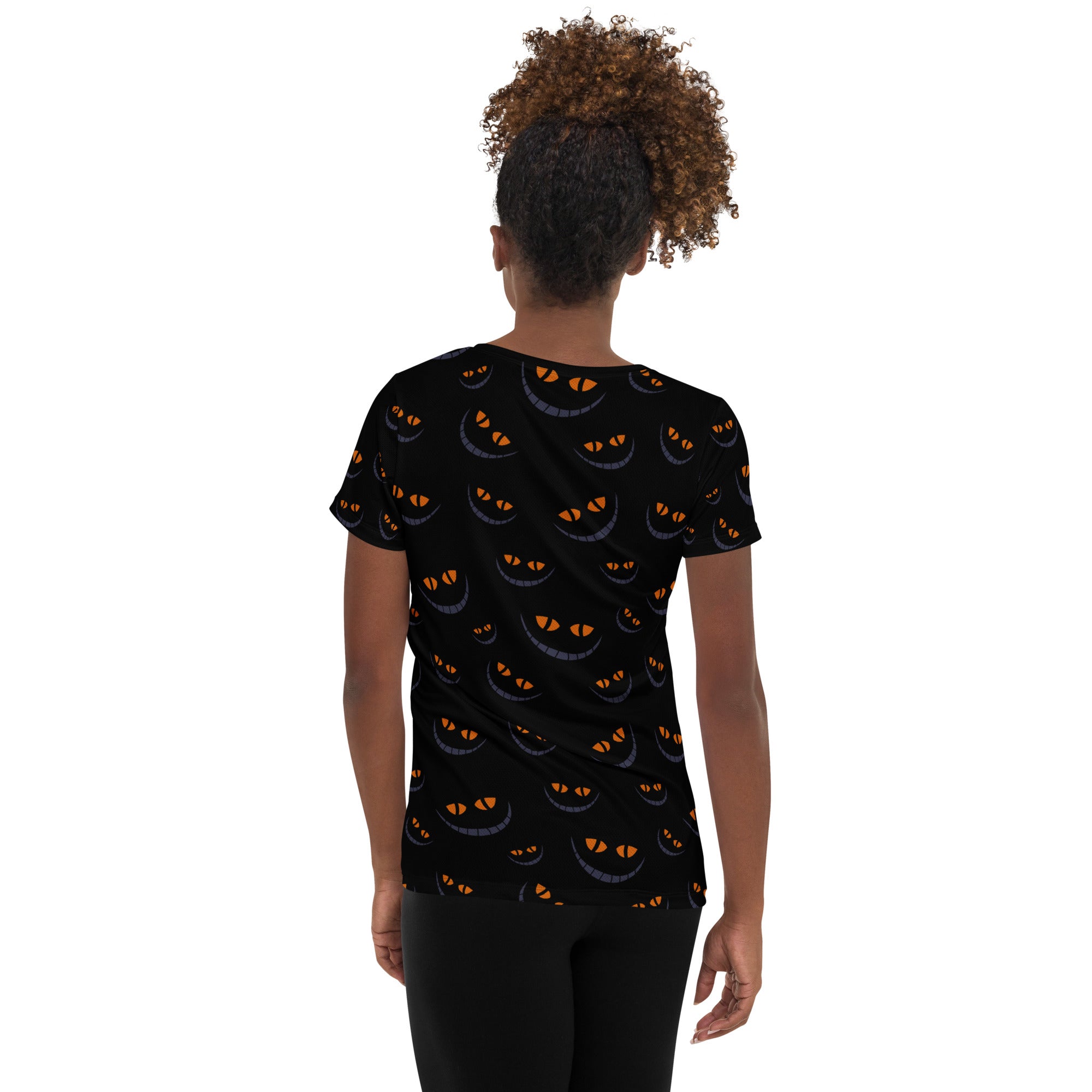Women’s Creepy Cat Eyes Halloween Athletic T-Shirt - Lightweight Moisture Wicking Workout Top with UPF 50+