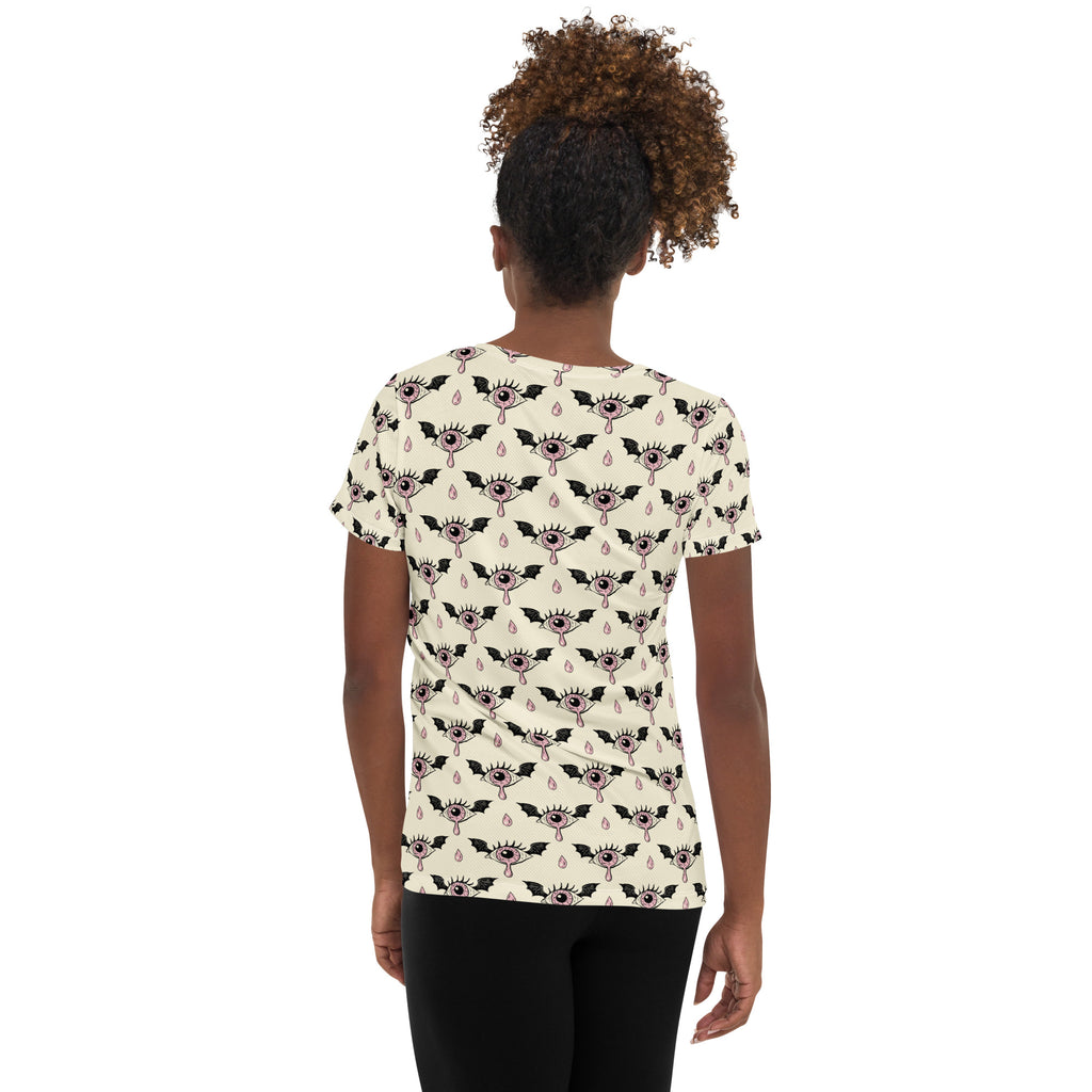 Women’s Creepy Eyeball Halloween Athletic T-Shirt - Lightweight Moisture Wicking Workout Top with UPF 50+