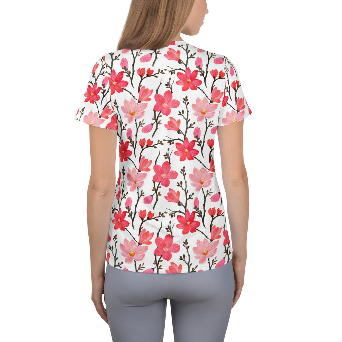 Women’s Pink Cherry Blossom Athletic T-Shirt - Lightweight Moisture Wicking Workout Top with UPF 50+