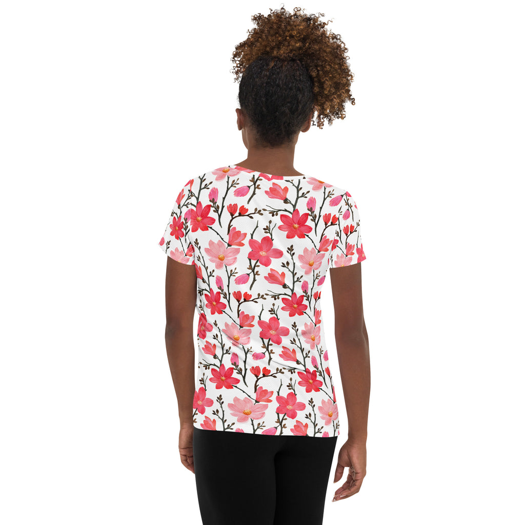 Women’s Pink Cherry Blossom Athletic T-Shirt - Lightweight Moisture Wicking Workout Top with UPF 50+