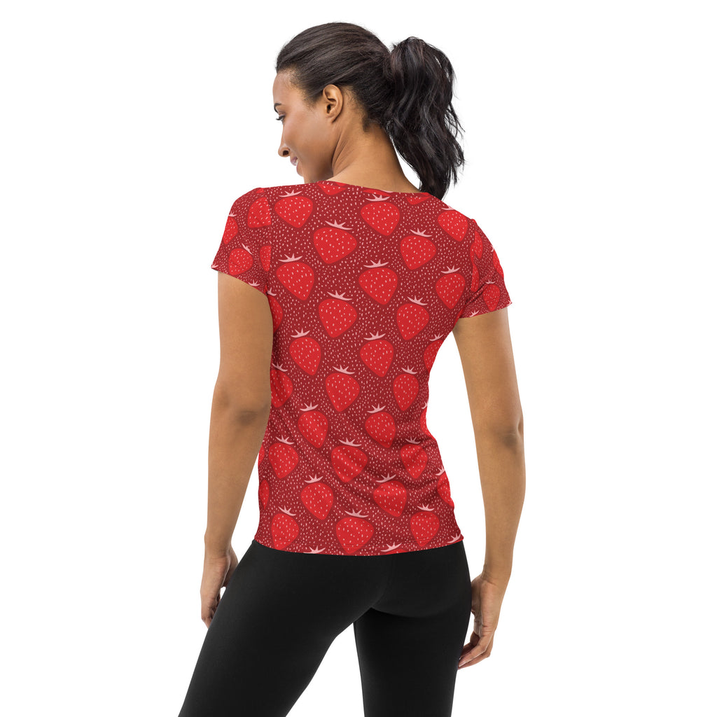 Women’s Red Strawberry Athletic T-Shirt - Lightweight Moisture Wicking Workout Top with UPF 50+