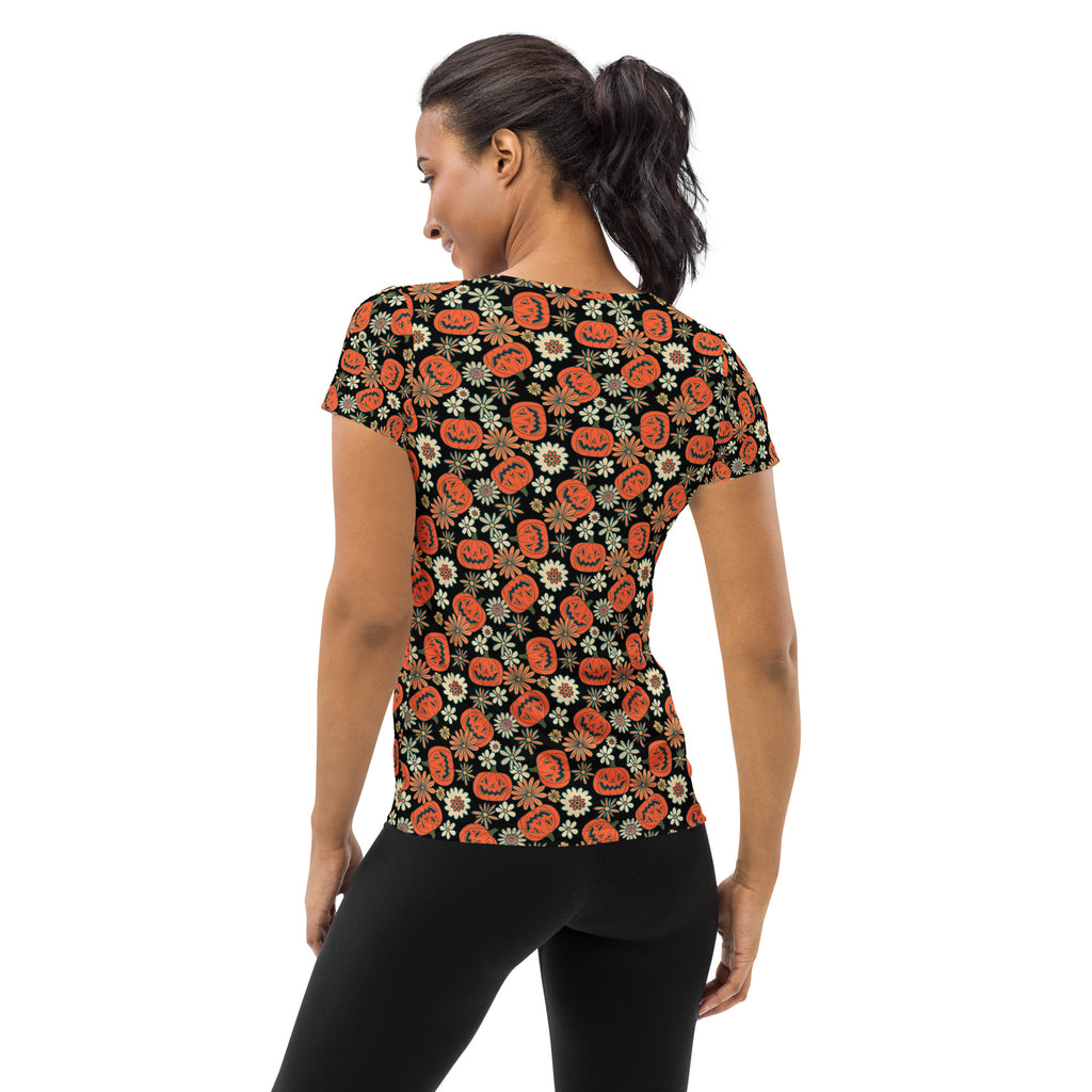 Women’s Retro Floral Pumpkin Halloween Athletic T-Shirt - Lightweight Moisture Wicking Workout Top With UPF 50+