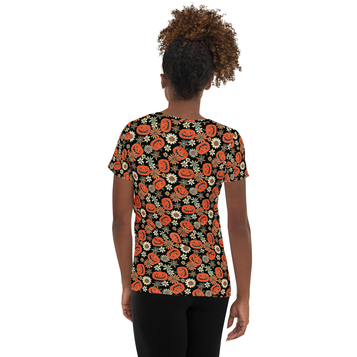 Women’s Retro Floral Pumpkin Halloween Athletic T-Shirt - Lightweight Moisture Wicking Workout Top With UPF 50+