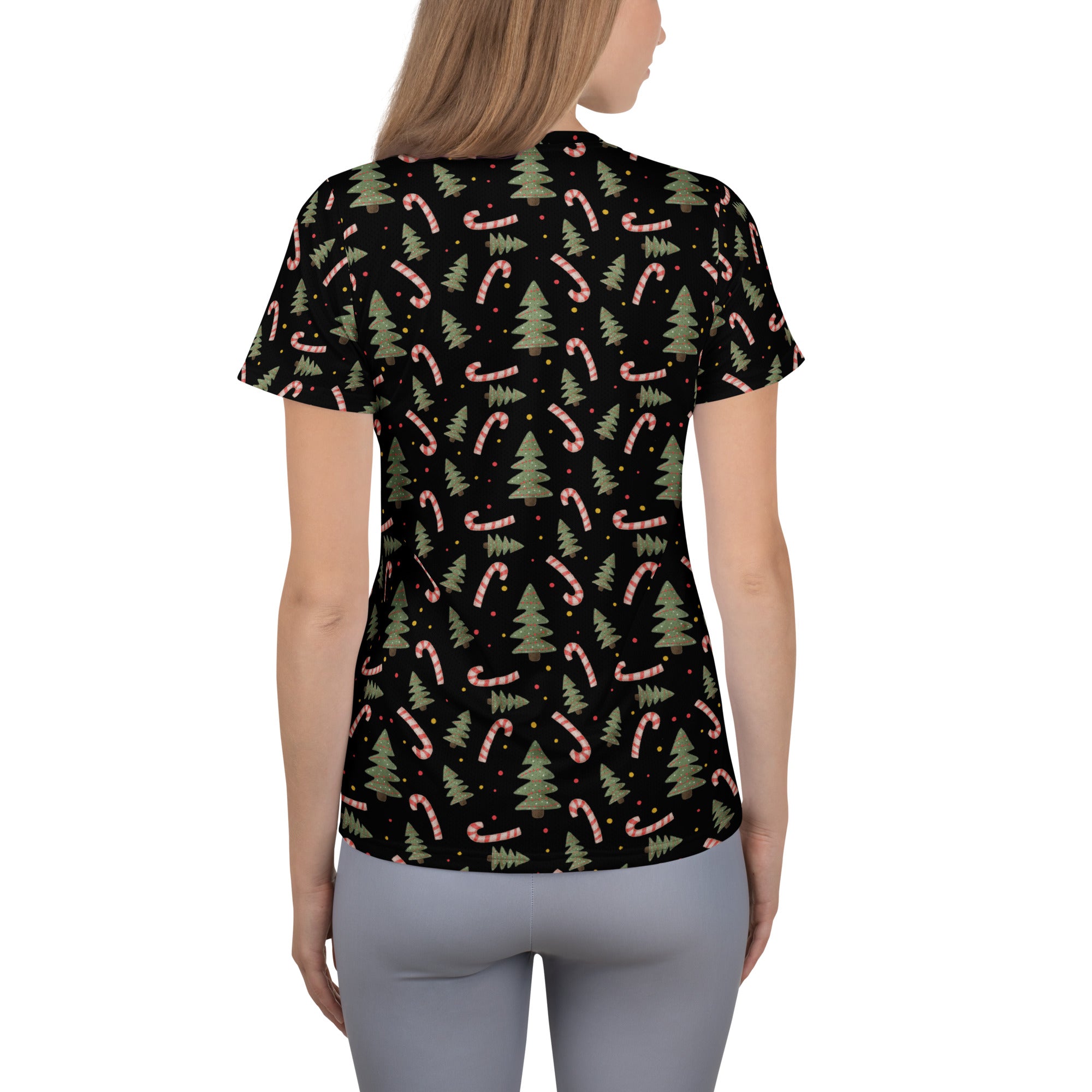 Women’s Christmas Tree & Candy Cane Athletic T-Shirt - Lightweight Moisture Wicking Workout Top with UPF 50+