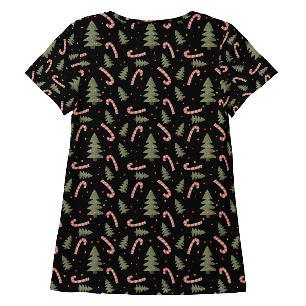 Women’s Christmas Tree & Candy Cane Athletic T-Shirt - Lightweight Moisture Wicking Workout Top with UPF 50+