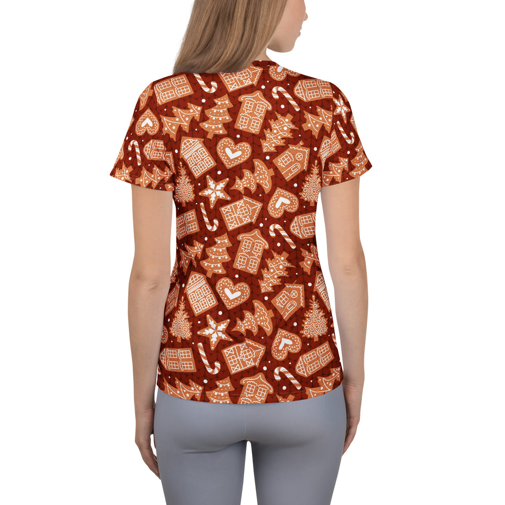 Women’s Red Gingerbread Christmas Athletic T-Shirt - Lightweight Moisture Wicking Workout Top with UPF 50+