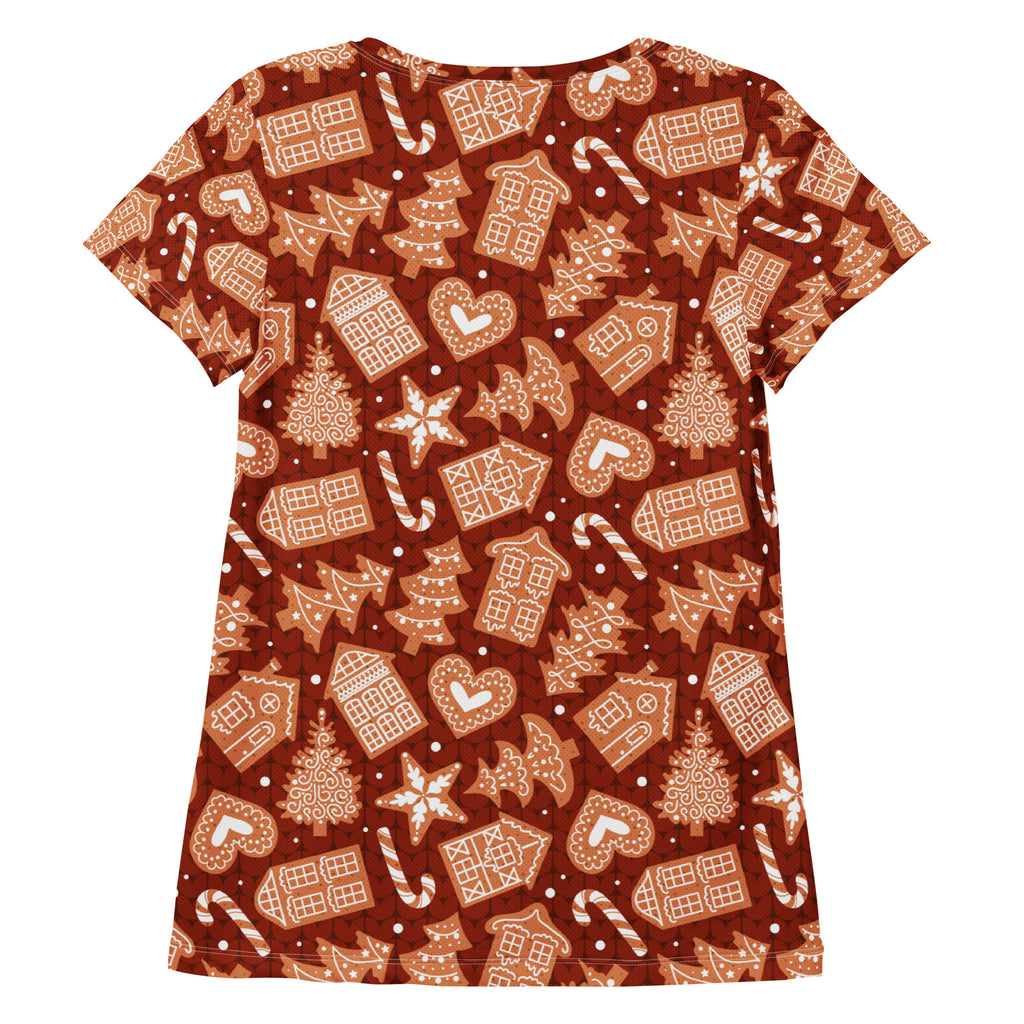 Women’s Red Gingerbread Christmas Athletic T-Shirt - Lightweight Moisture Wicking Workout Top with UPF 50+