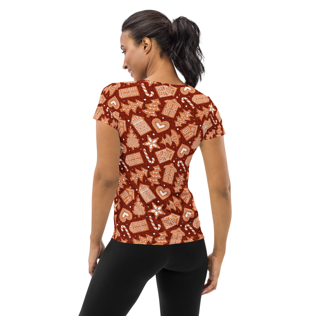 Women’s Red Gingerbread Christmas Athletic T-Shirt - Lightweight Moisture Wicking Workout Top with UPF 50+