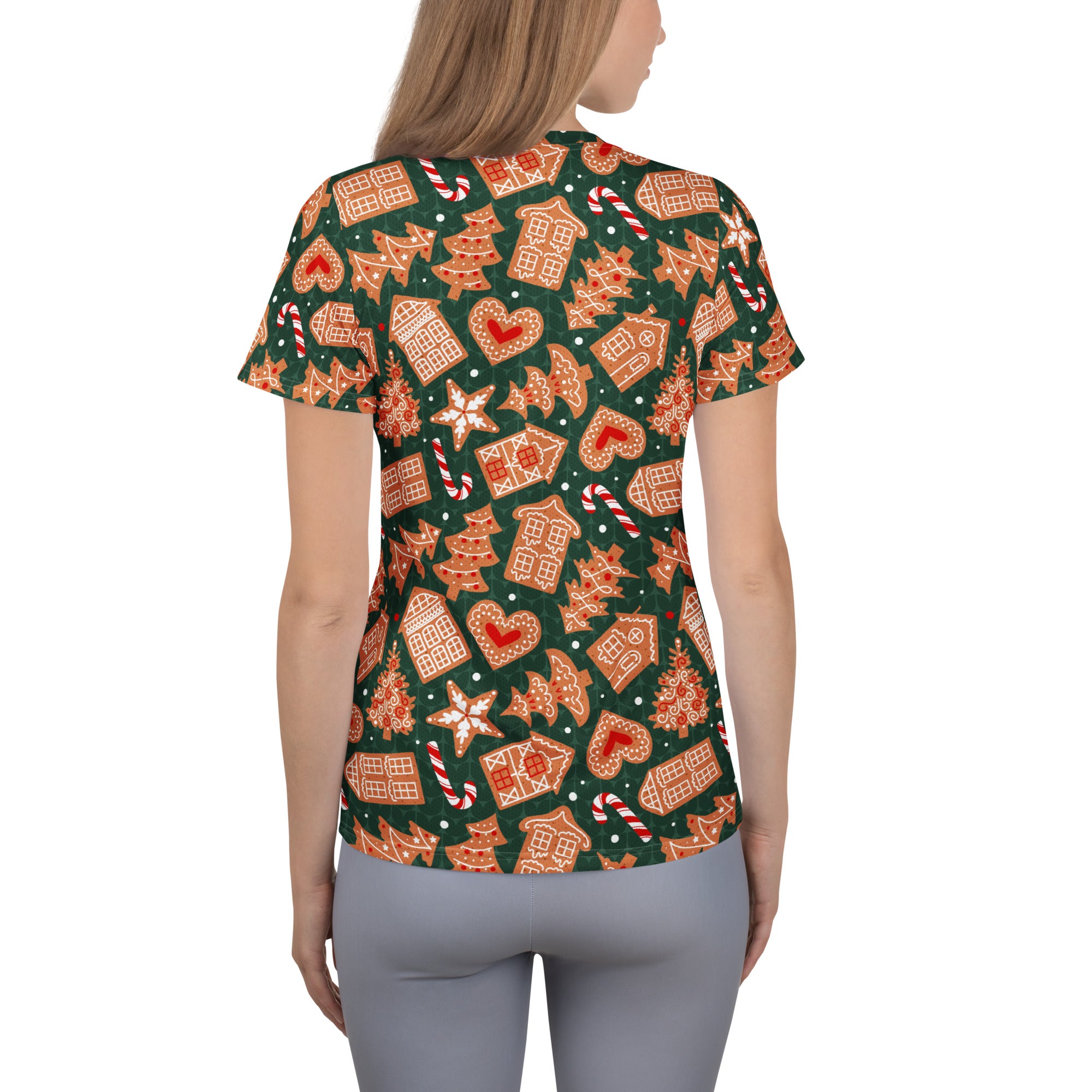 Women’s Green Gingerbread Christmas Athletic T-Shirt - Lightweight Moisture Wicking Workout Top with UPF 50+
