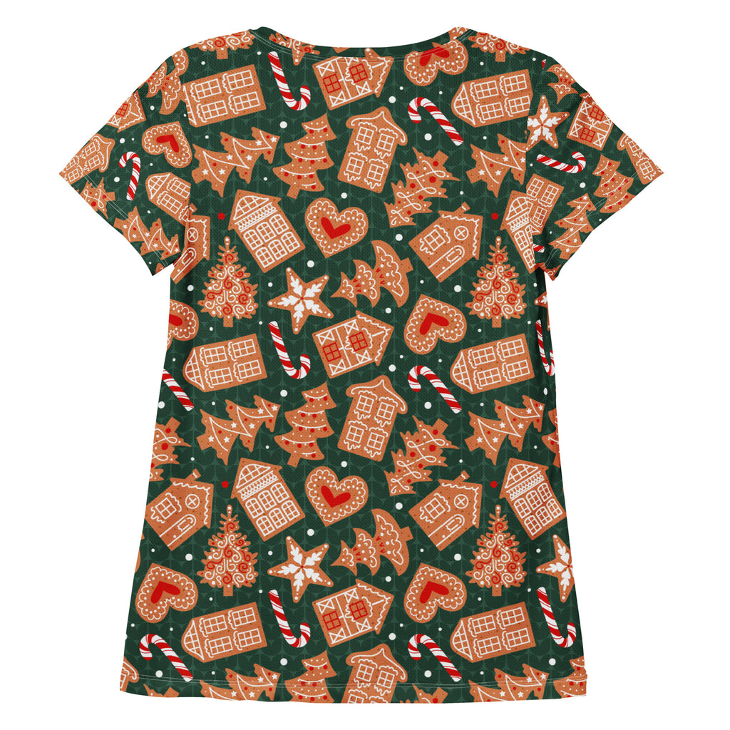 Women’s Green Gingerbread Christmas Athletic T-Shirt - Lightweight Moisture Wicking Workout Top with UPF 50+