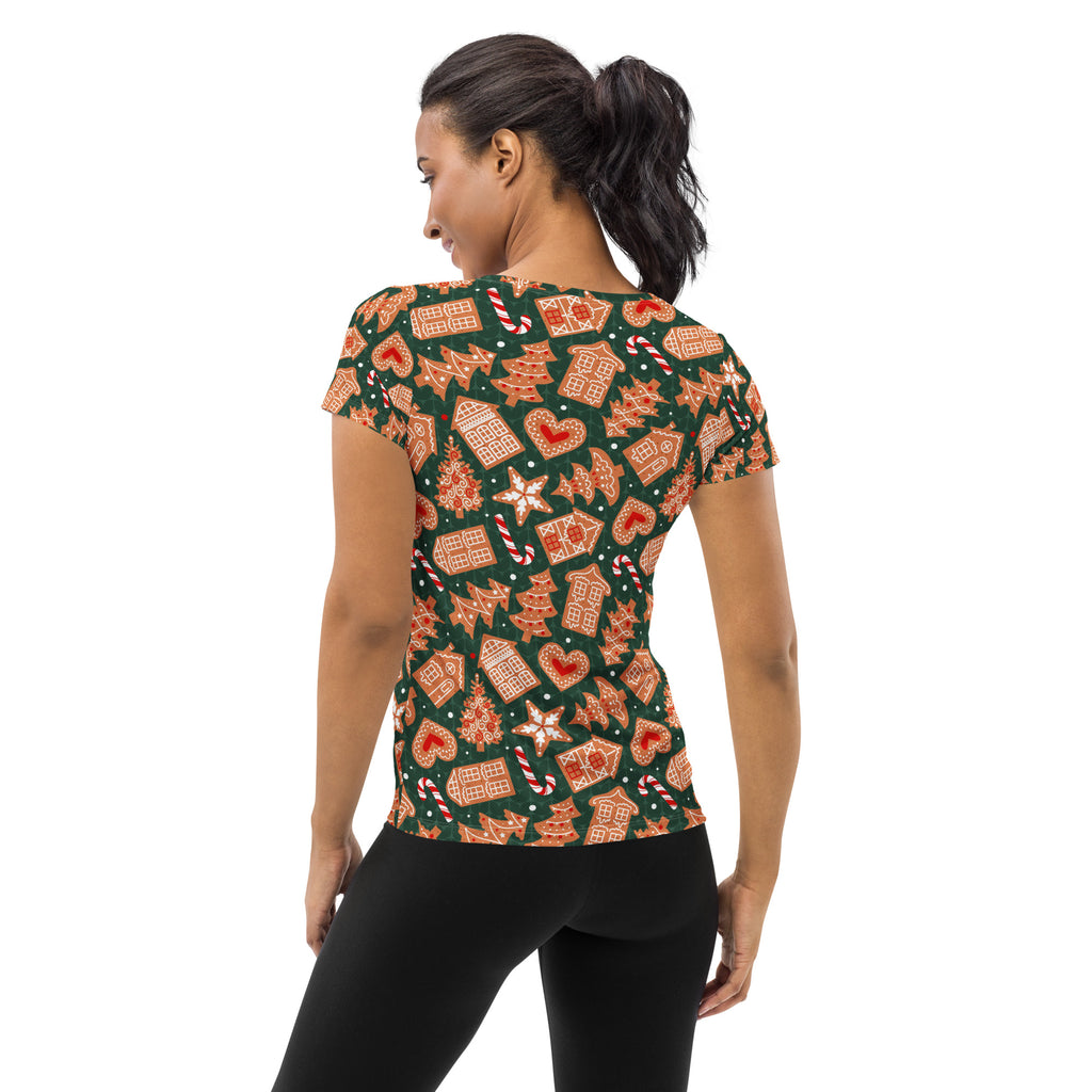 Women’s Green Gingerbread Christmas Athletic T-Shirt - Lightweight Moisture Wicking Workout Top with UPF 50+
