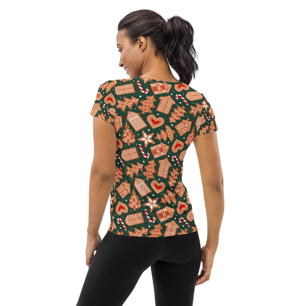 Women’s Green Gingerbread Christmas Athletic T-Shirt - Lightweight Moisture Wicking Workout Top with UPF 50+