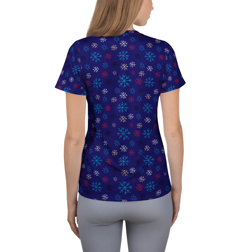 Women’s Blue Snowflake Christmas Athletic T-Shirt - Lightweight Moisture Wicking Workout Top with UPF 50+