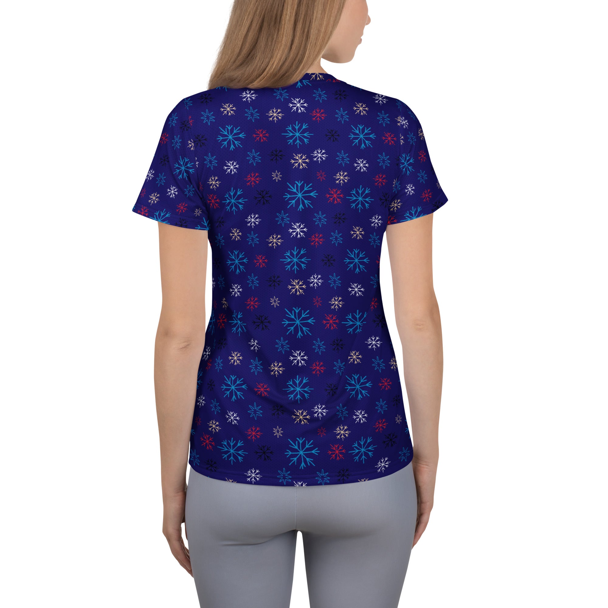 Women’s Blue Snowflake Christmas Athletic T-Shirt - Lightweight Moisture Wicking Workout Top with UPF 50+