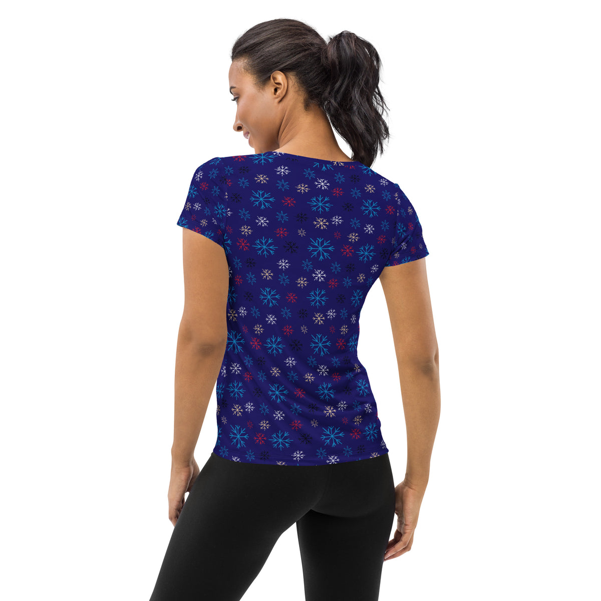 Women’s Blue Snowflake Christmas Athletic T-Shirt - Lightweight Moisture Wicking Workout Top with UPF 50+