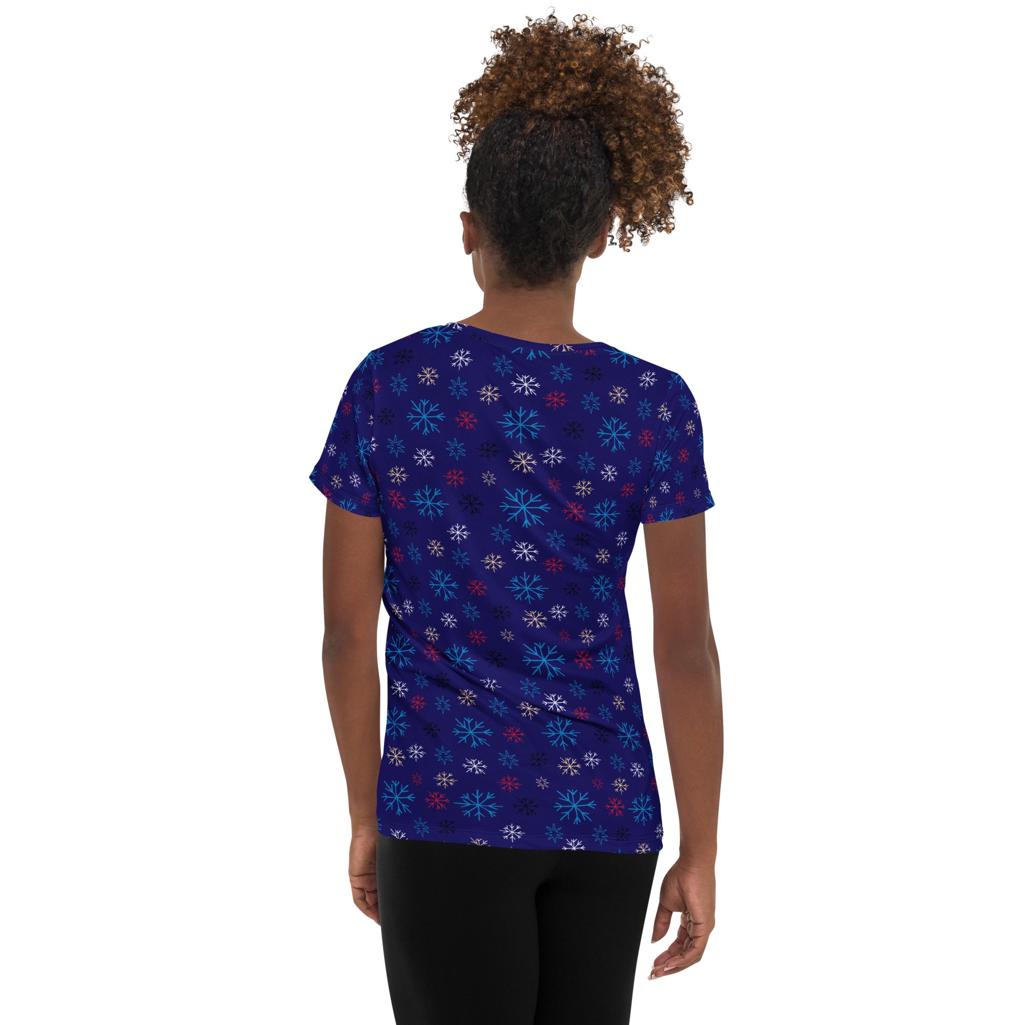 Women’s Blue Snowflake Christmas Athletic T-Shirt - Lightweight Moisture Wicking Workout Top with UPF 50+