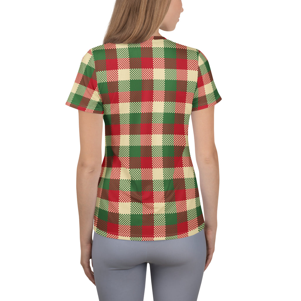 Women’s Red & Green Christmas Plaid Athletic T-Shirt - Lightweight Moisture Wicking Workout Top with UPF 50+