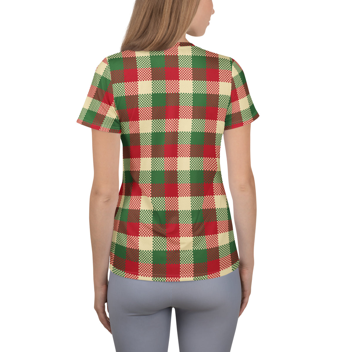 Women’s Red & Green Christmas Plaid Athletic T-Shirt - Lightweight Moisture Wicking Workout Top with UPF 50+