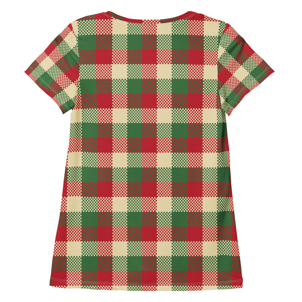 Women’s Red & Green Christmas Plaid Athletic T-Shirt - Lightweight Moisture Wicking Workout Top with UPF 50+