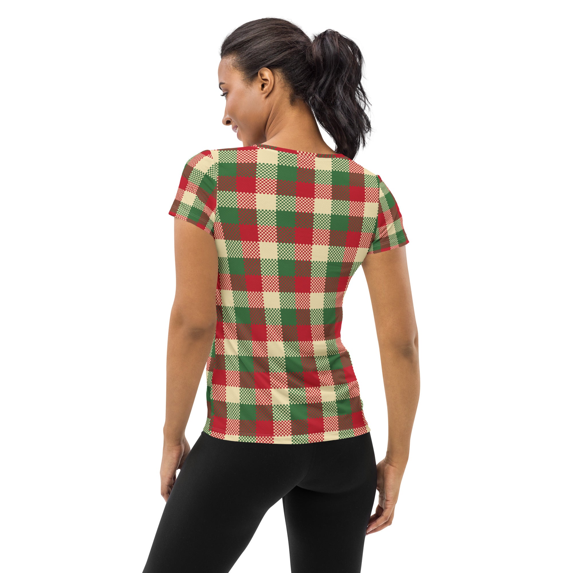 Women’s Red & Green Christmas Plaid Athletic T-Shirt - Lightweight Moisture Wicking Workout Top with UPF 50+