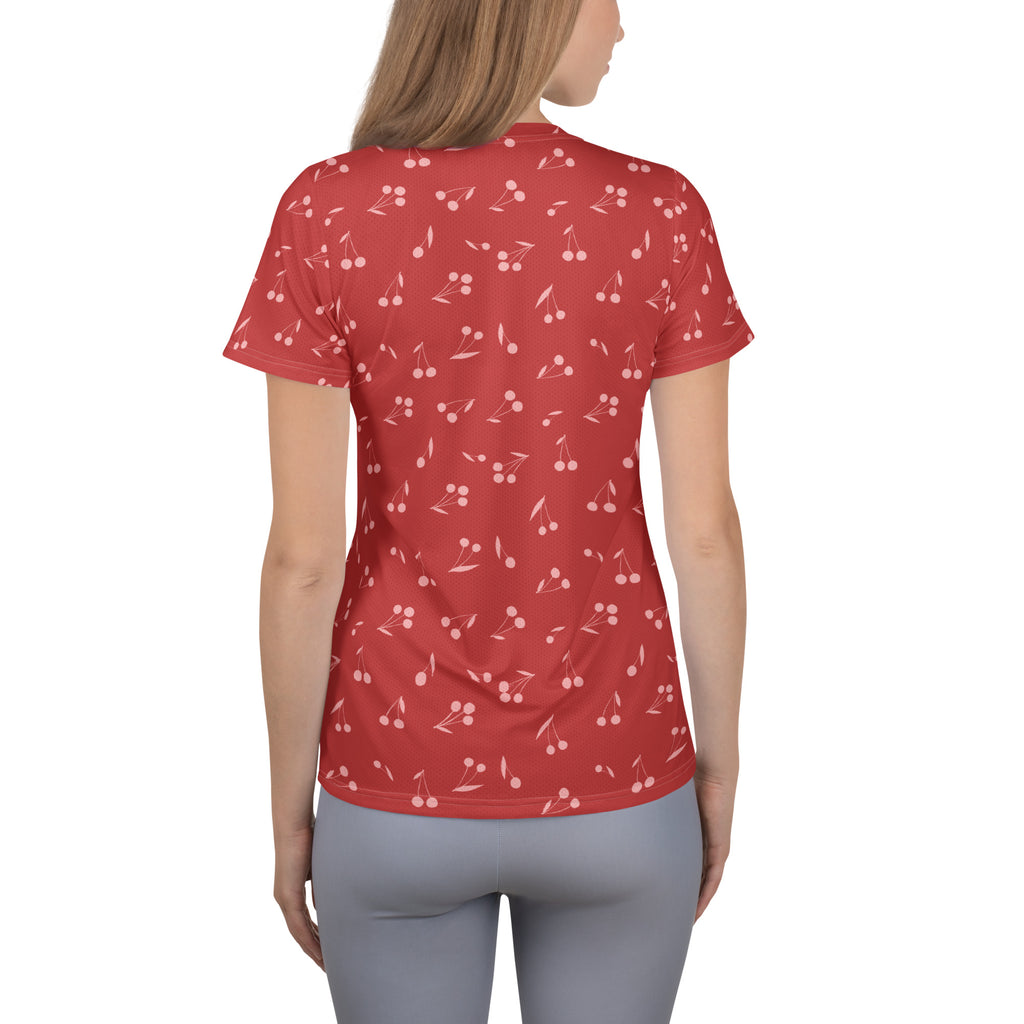 Women’s Red Cherry Athletic T-Shirt - Lightweight Moisture Wicking Workout Top With UPF 50+