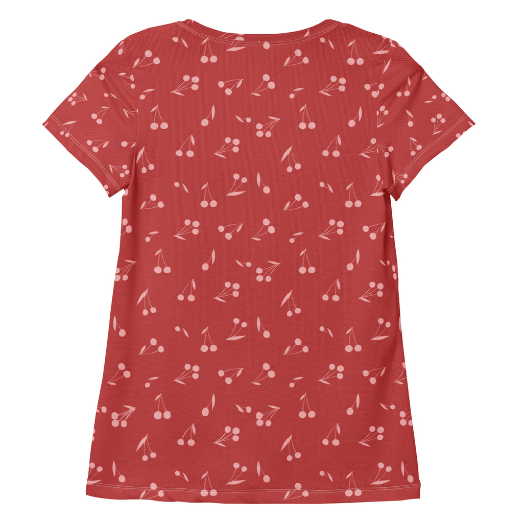 Women’s Red Cherry Athletic T-Shirt - Lightweight Moisture Wicking Workout Top With UPF 50+