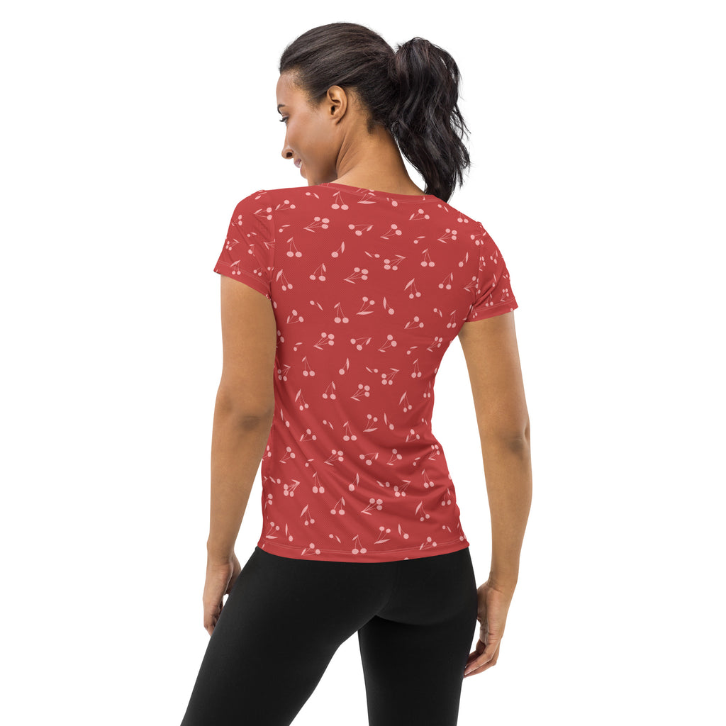 Women’s Red Cherry Athletic T-Shirt - Lightweight Moisture Wicking Workout Top With UPF 50+