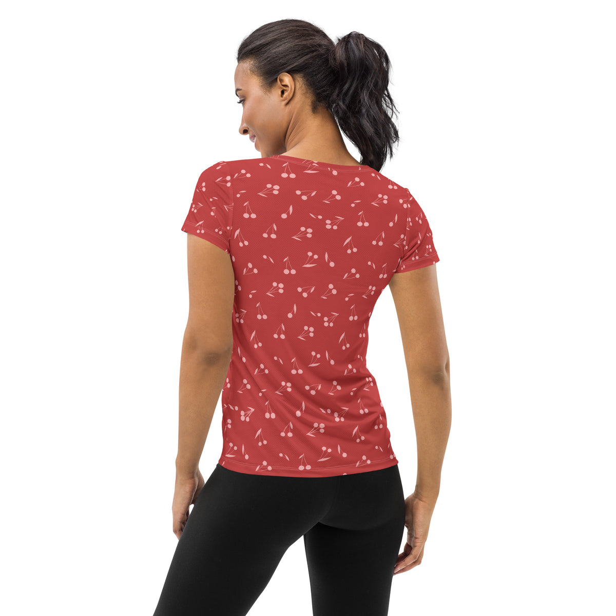 Women’s Red Cherry Athletic T-Shirt - Lightweight Moisture Wicking Workout Top With UPF 50+