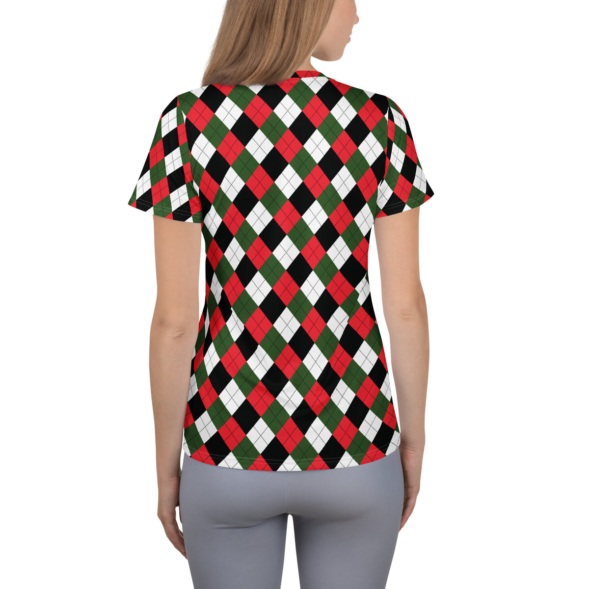 Women’s Christmas Argyle Athletic T-Shirt - Lightweight Moisture Wicking Workout Top With UPF 50+