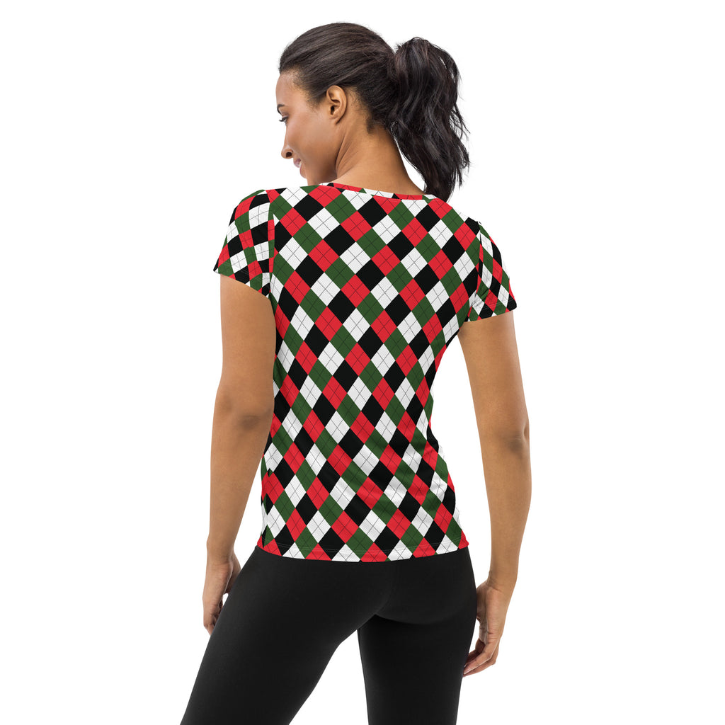 Women’s Christmas Argyle Athletic T-Shirt - Lightweight Moisture Wicking Workout Top With UPF 50+