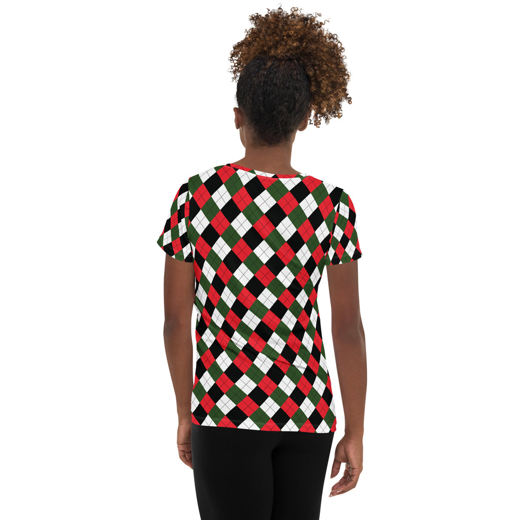 Women’s Christmas Argyle Athletic T-Shirt - Lightweight Moisture Wicking Workout Top With UPF 50+
