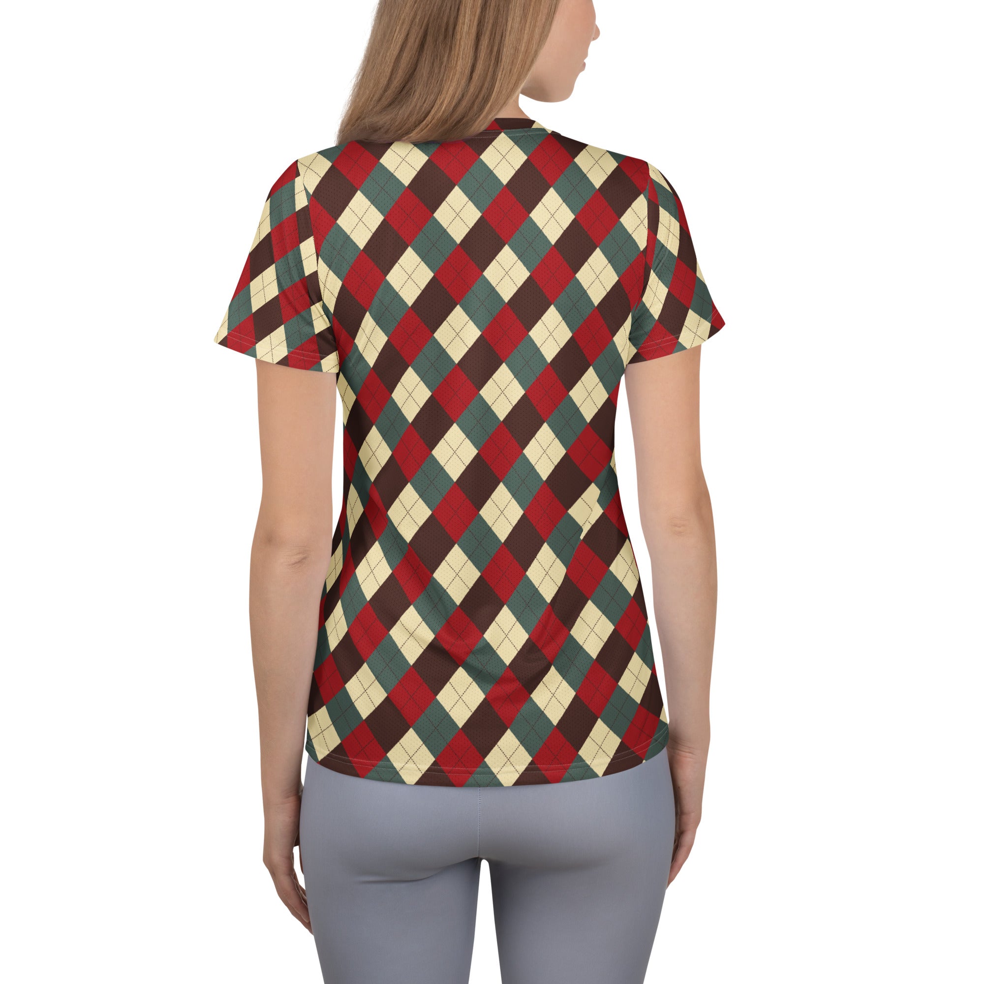 Women’s Vintage Christmas Argyle Athletic T-Shirt - Lightweight Moisture Wicking Workout Top With UPF 50+
