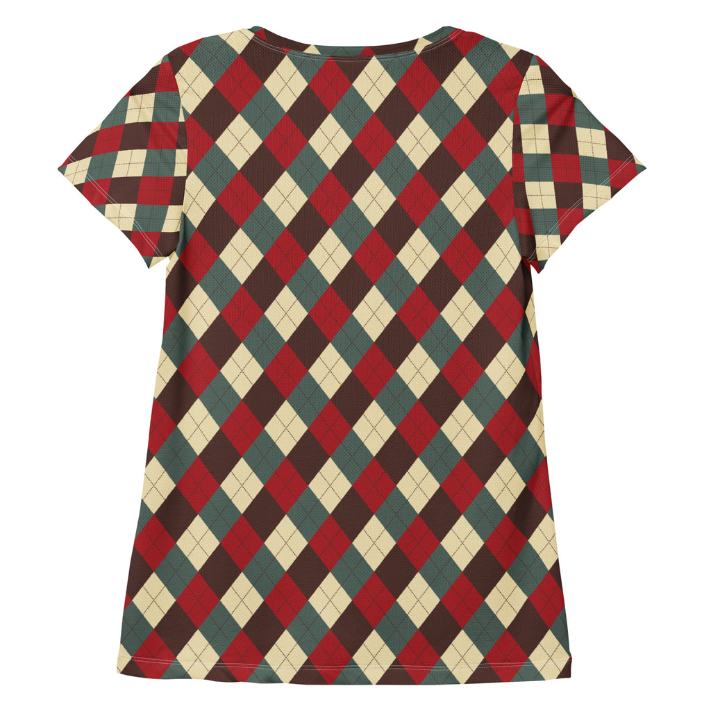 Women’s Vintage Christmas Argyle Athletic T-Shirt - Lightweight Moisture Wicking Workout Top With UPF 50+
