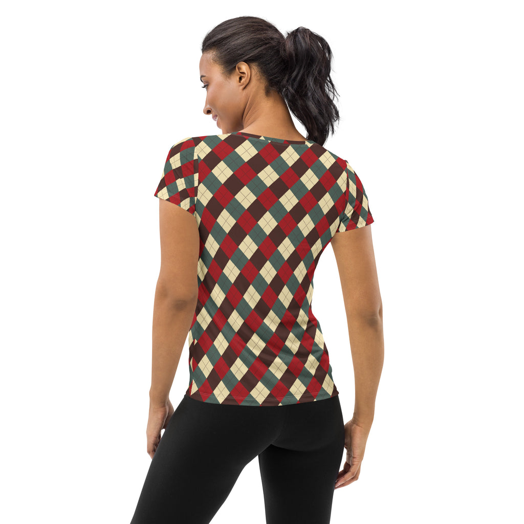 Women’s Vintage Christmas Argyle Athletic T-Shirt - Lightweight Moisture Wicking Workout Top With UPF 50+