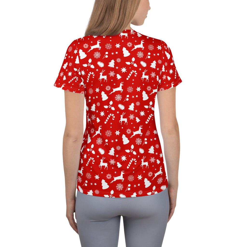 Women’s Red Christmas Reindeer Athletic T-Shirt - Lightweight Moisture Wicking Workout Top With UPF 50+
