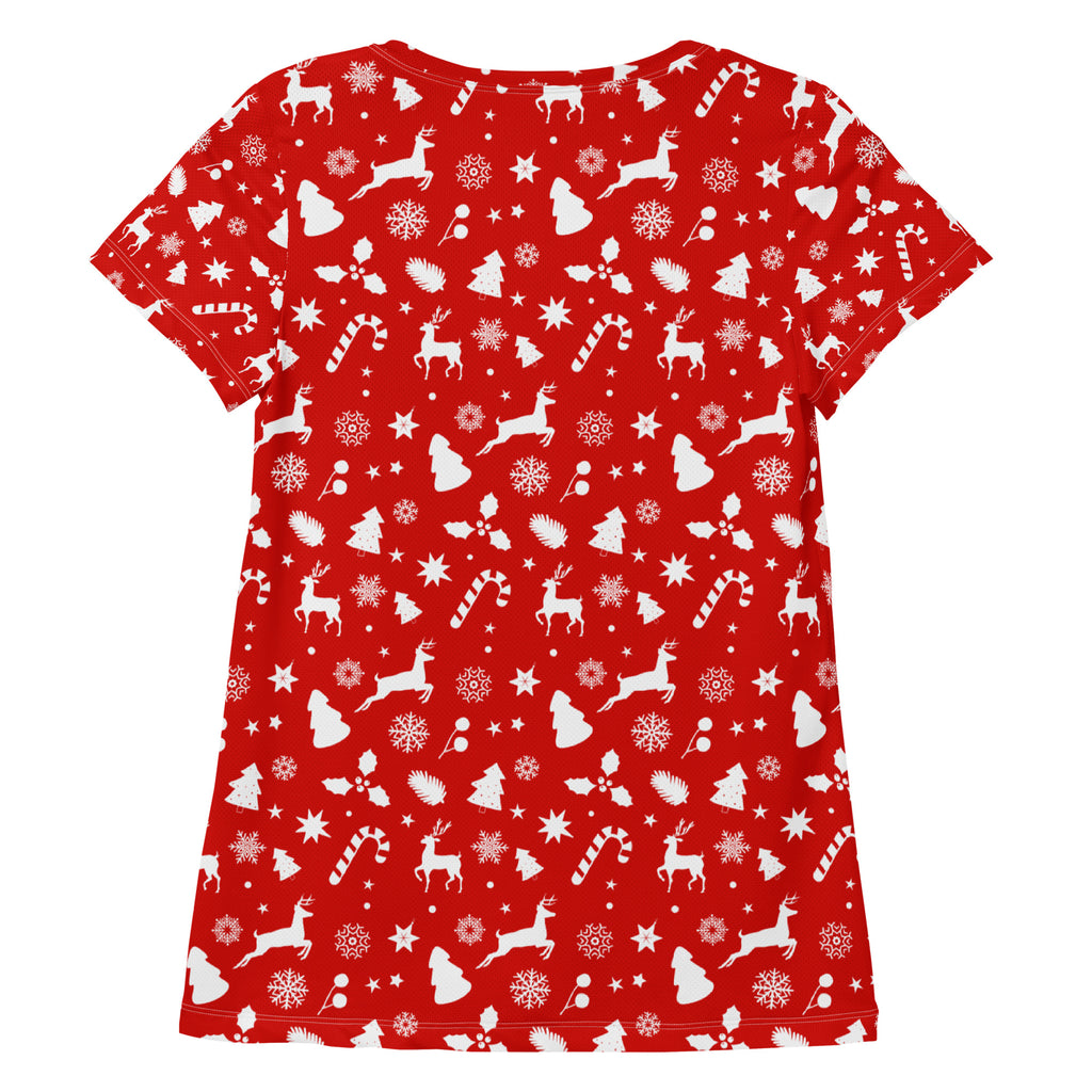 Women’s Red Christmas Reindeer Athletic T-Shirt - Lightweight Moisture Wicking Workout Top With UPF 50+