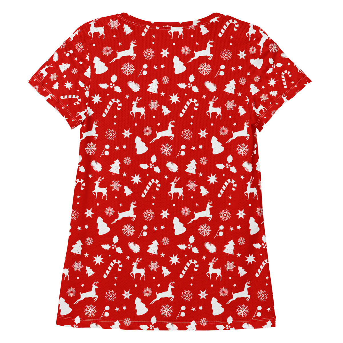 Women’s Red Christmas Reindeer Athletic T-Shirt - Lightweight Moisture Wicking Workout Top With UPF 50+