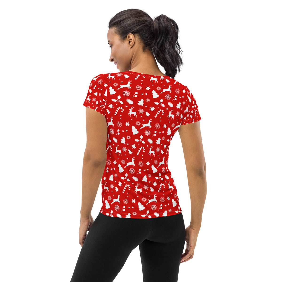 Women’s Red Christmas Reindeer Athletic T-Shirt - Lightweight Moisture Wicking Workout Top With UPF 50+