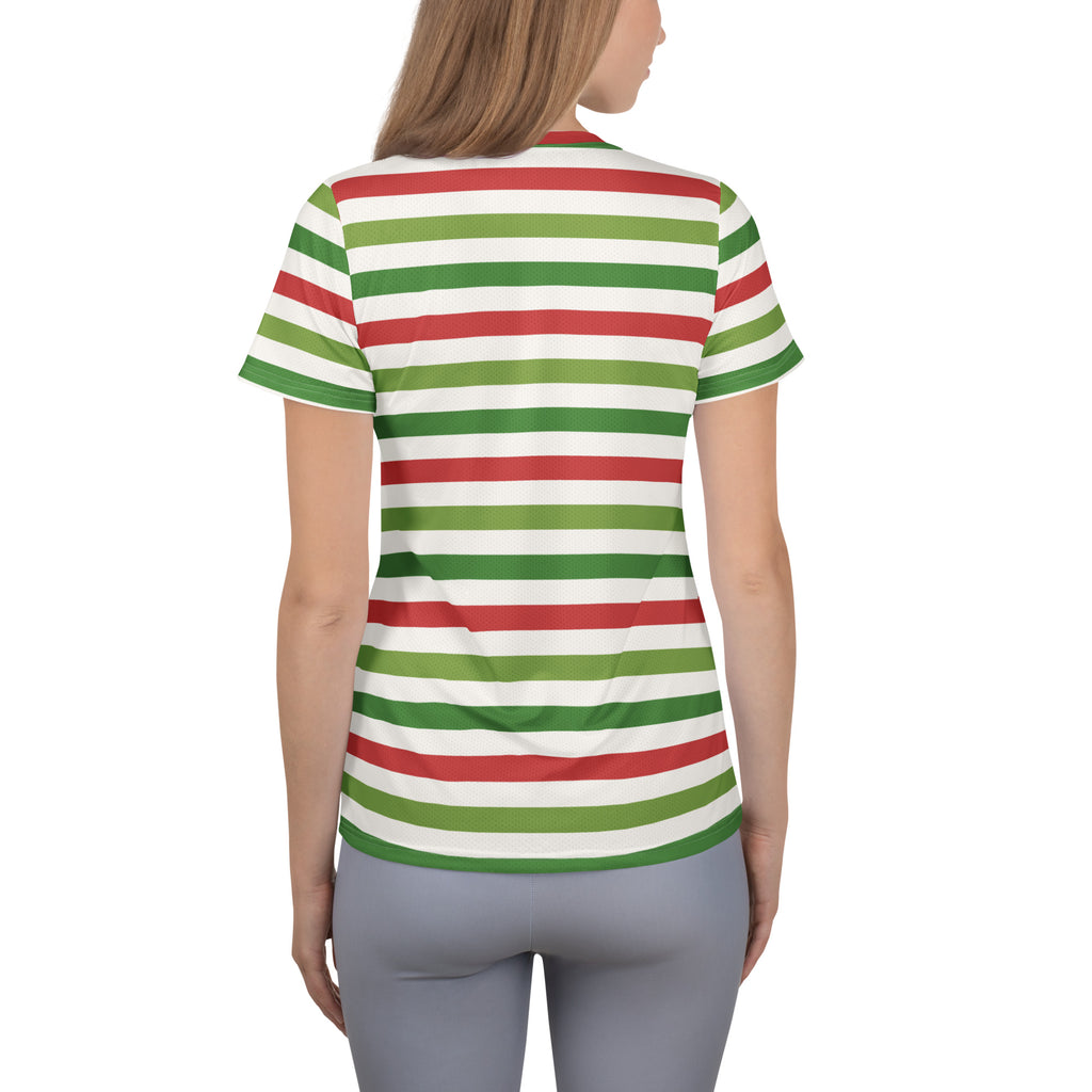 Women’s Red Green Christmas Striped Athletic T-Shirt - Lightweight Moisture Wicking Workout Top With UPF 50+
