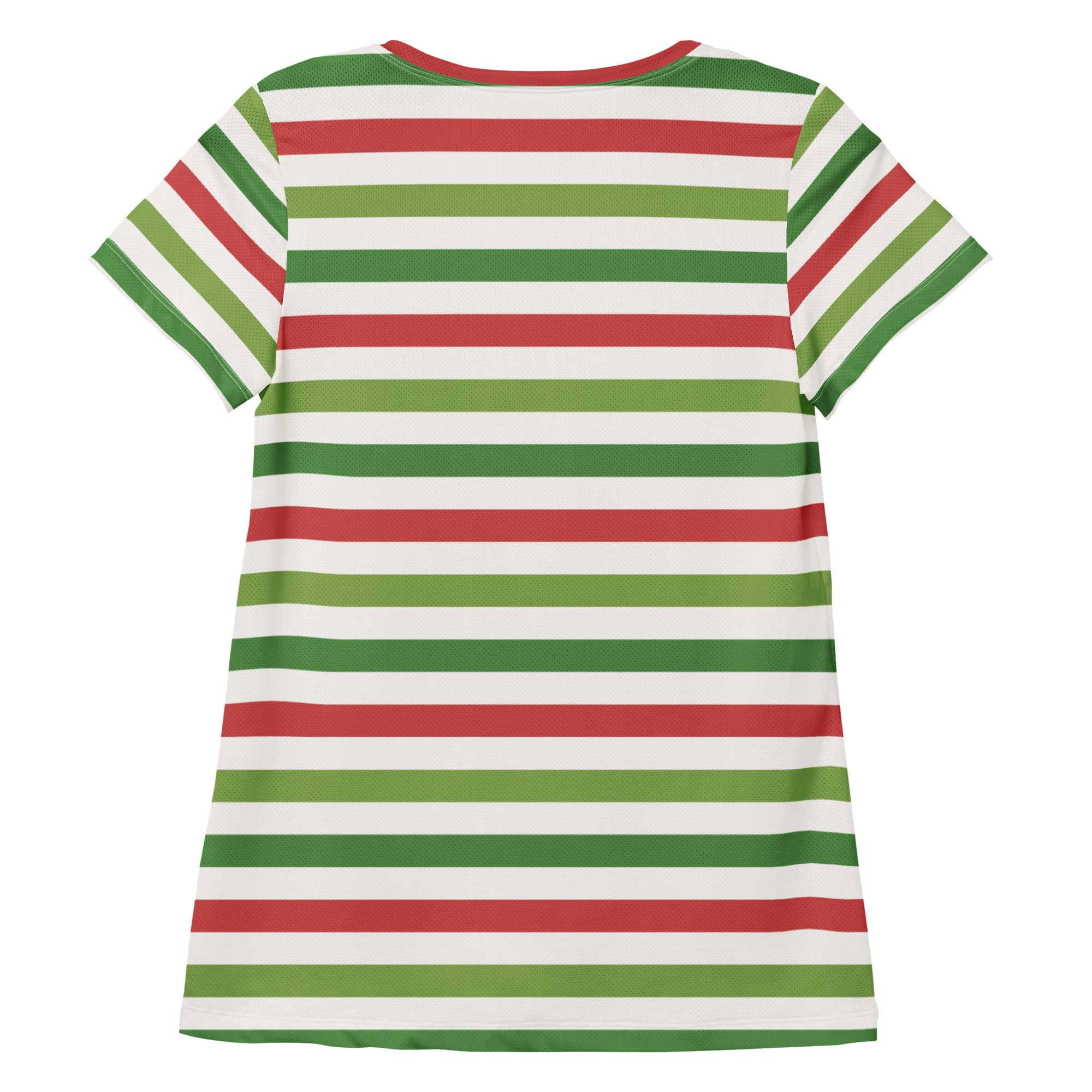 Women’s Red Green Christmas Striped Athletic T-Shirt - Lightweight Moisture Wicking Workout Top With UPF 50+