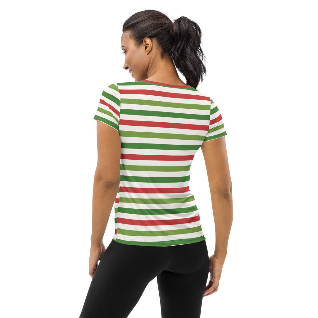 Women’s Red Green Christmas Striped Athletic T-Shirt - Lightweight Moisture Wicking Workout Top With UPF 50+