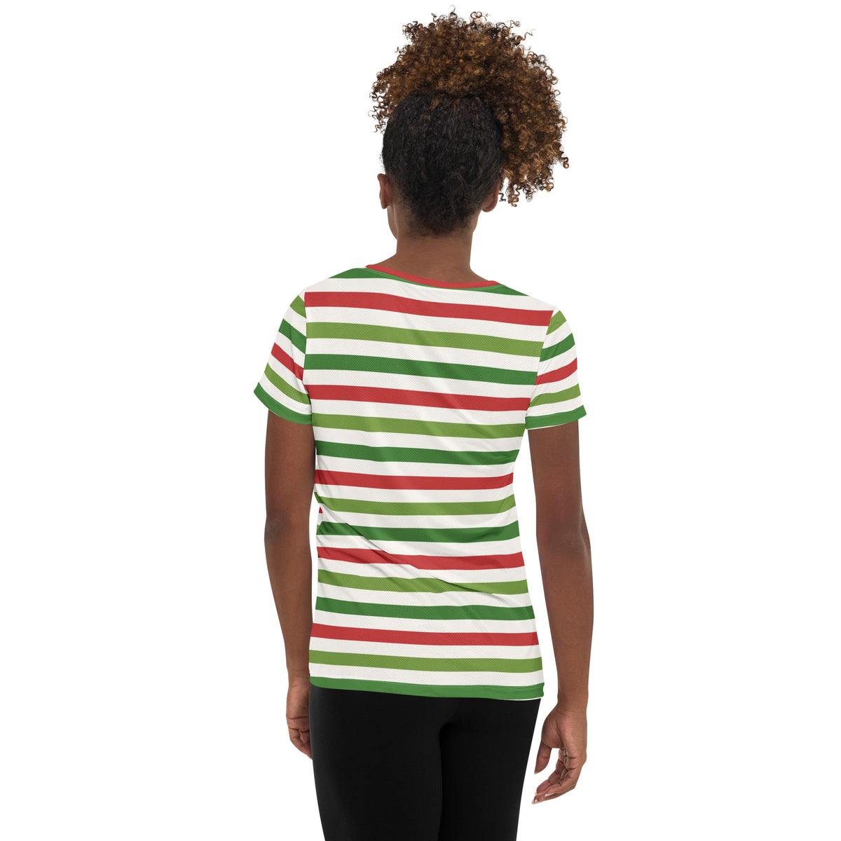 Women’s Red Green Christmas Striped Athletic T-Shirt - Lightweight Moisture Wicking Workout Top With UPF 50+