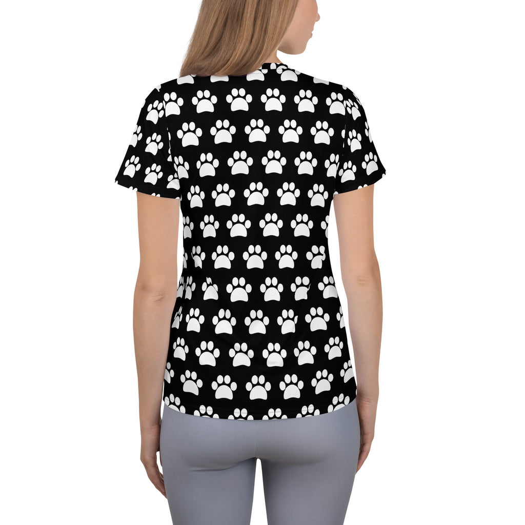 Women’s Black Paw Print Athletic T-Shirt - Lightweight Moisture Wicking Workout Top With UPF 50+