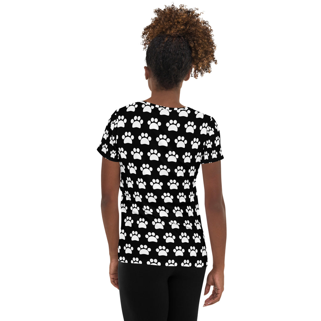 Women’s Black Paw Print Athletic T-Shirt - Lightweight Moisture Wicking Workout Top With UPF 50+
