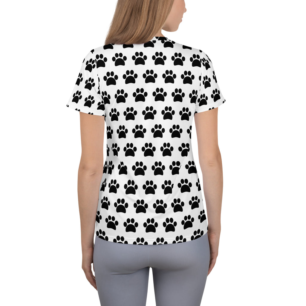 Women’s White Paw Print Athletic T-Shirt - Lightweight Moisture Wicking Workout Top With UPF 50+